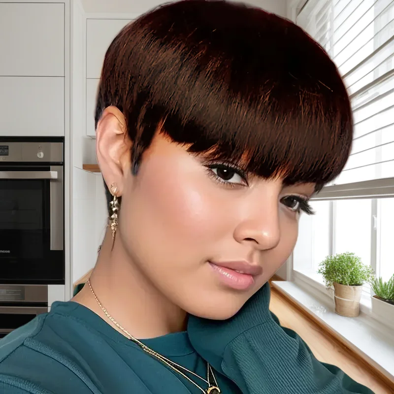 Parrucca corta con taglio pixie Capelli umani per donne Parrucche fatte a macchina con frangia