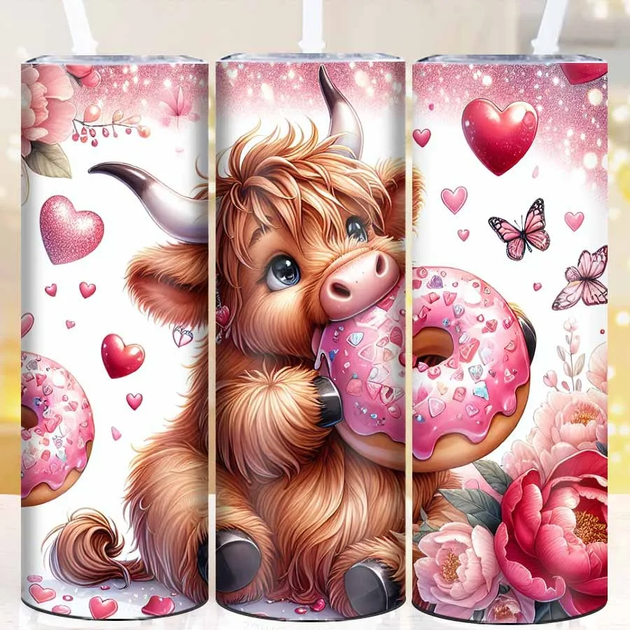 20oz 3D Print Highland Cow & Donut Tumblers Straw Lid 1Pc Stainless Steel Insulated Drink Cups Birthday Gifts Outdoor Travel Cup