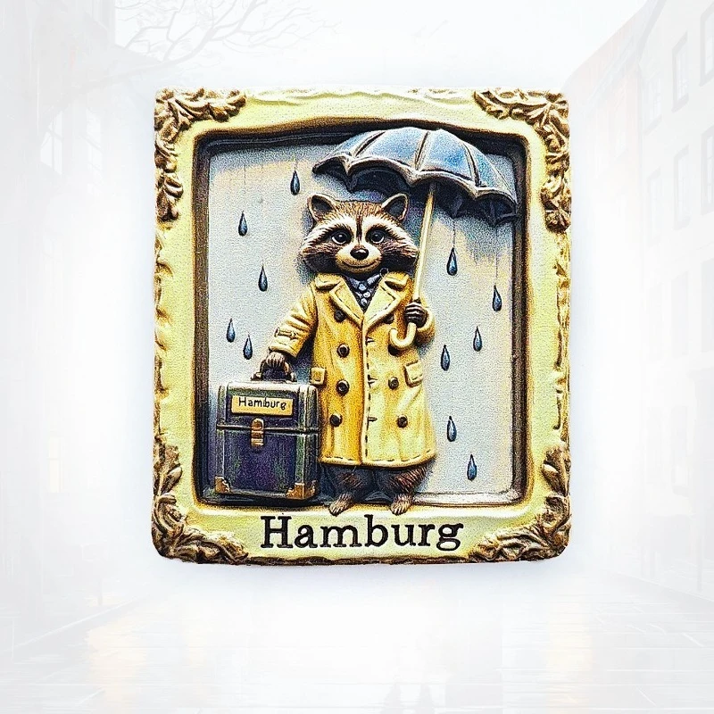 Hamburg Umbrella Raccoon Fridge Magnet - 3D German Urban Souvenir Rainy City Animal Decor Unique Europe Gift