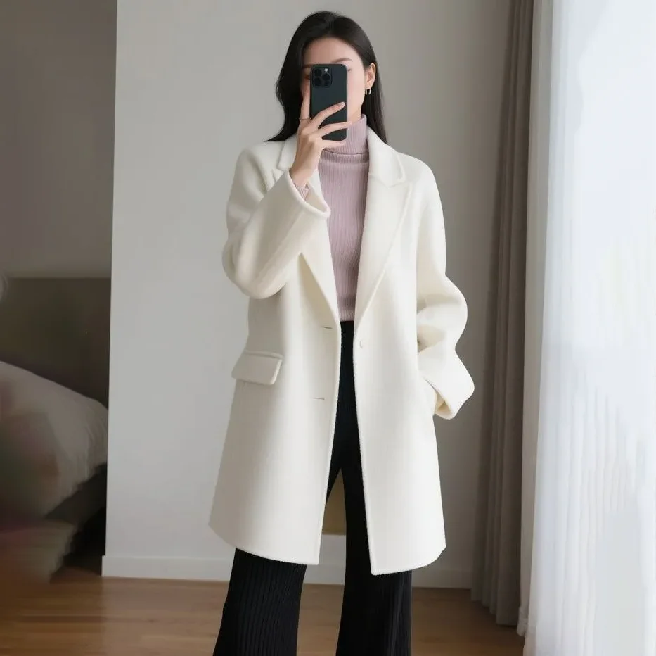 Women's Chic Casual Woolen Windbreaker Overcoat High-End Fashion Loose Medium-Length Trenchcoat for Spring Autumn