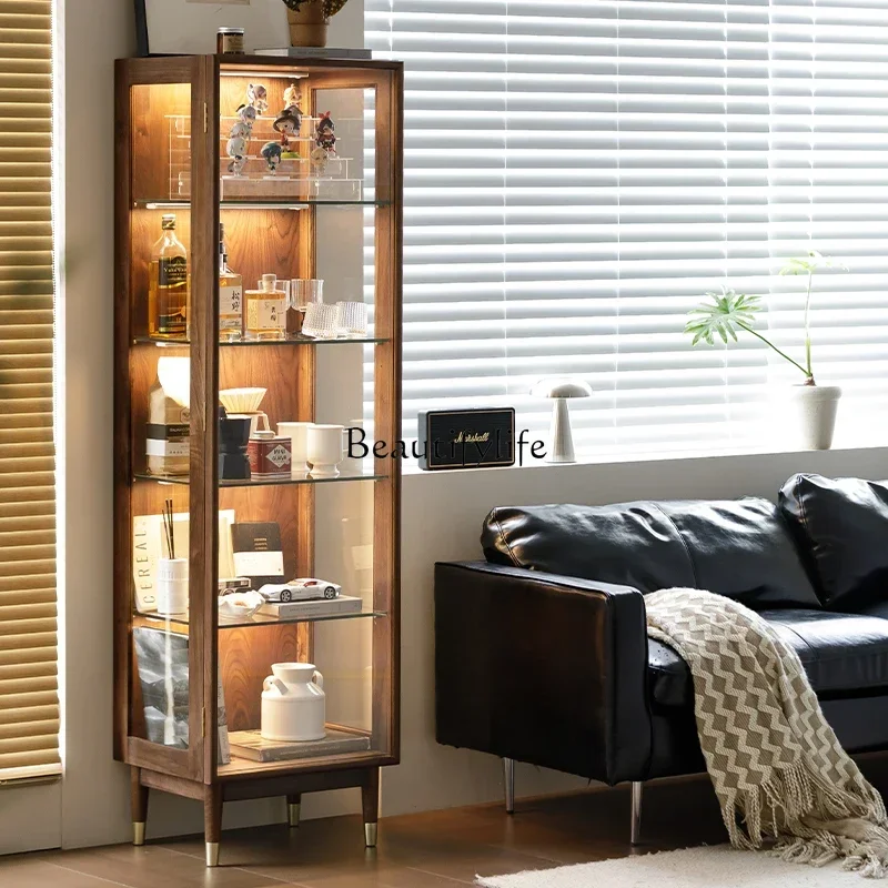 

03LNorth American black walnut display cabinet full solid wood glass living room storage cabinet