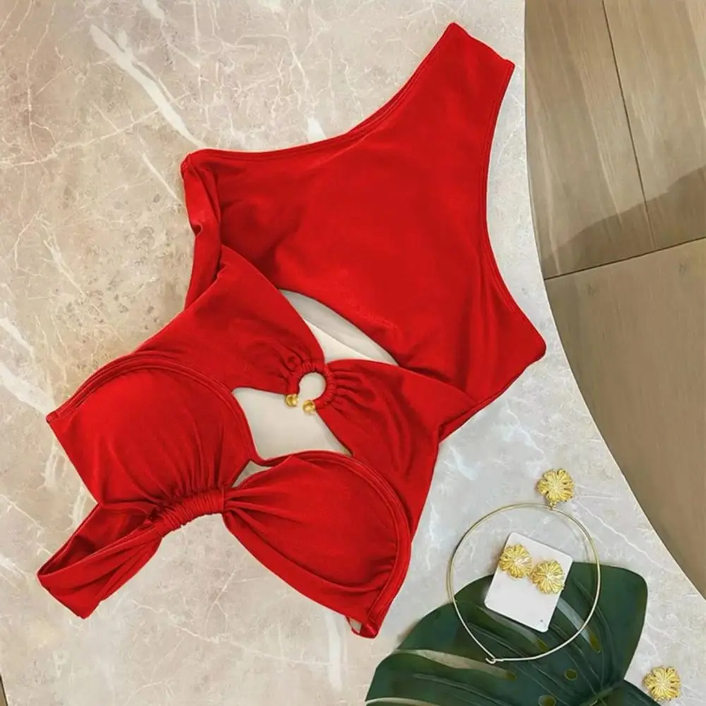 Sexy S-Shaped Figure Hollow Monokini Women One-Piece Swimsuit One Shoulder Padded Steel Support Buckles Swimwear Bathing Suit