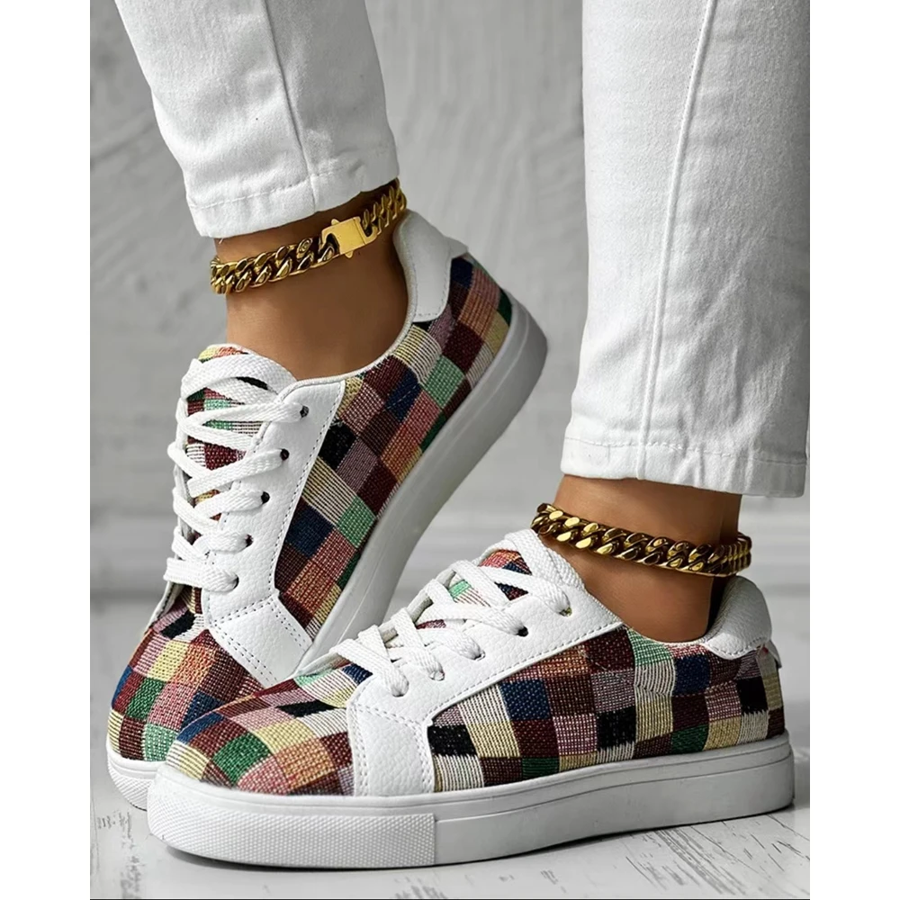 New In Colorblock Plaid Print Lace-up Sneakers Women Spring Autumn Round Toe Sports Running Shoes Femme Going Out Korean Style