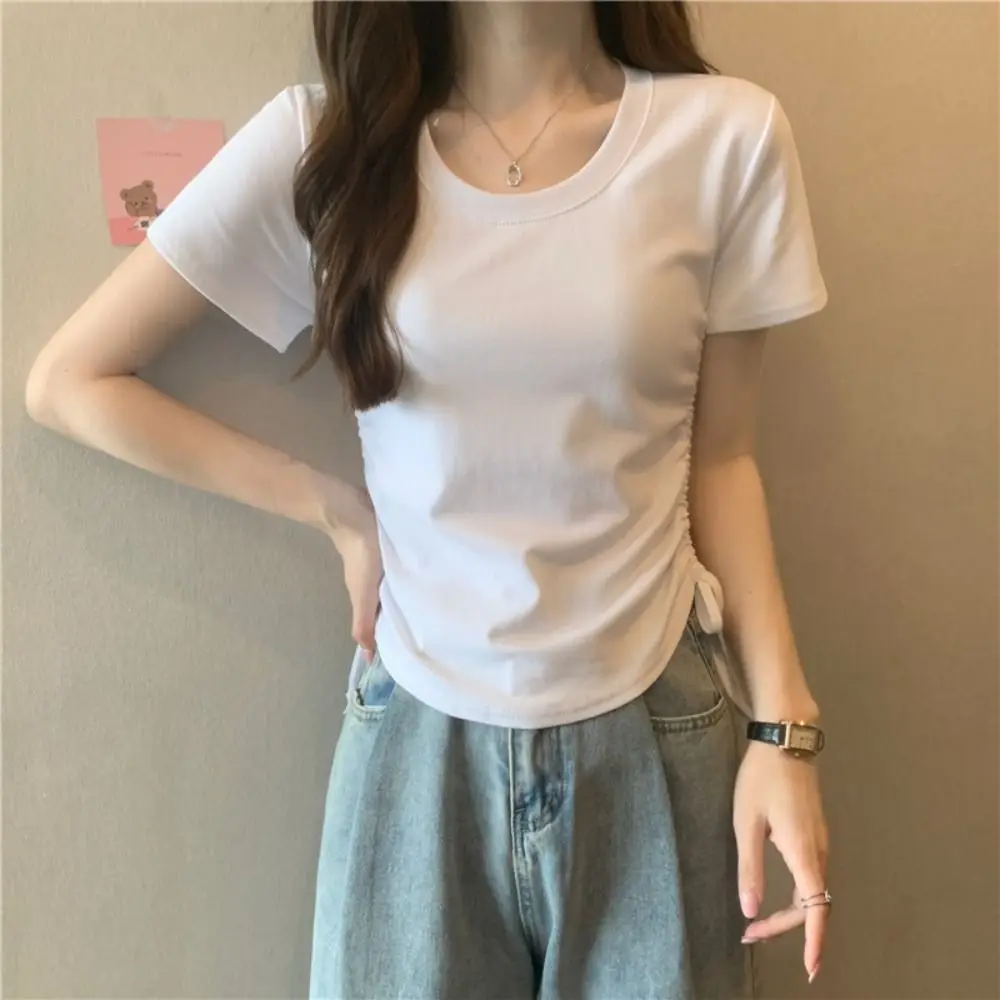 Pullover Drawstring Short-Sleeved T-Shirt Simple Solid Color Square Neck Basic Tees Shirt Ins Style Casual Short Blouse