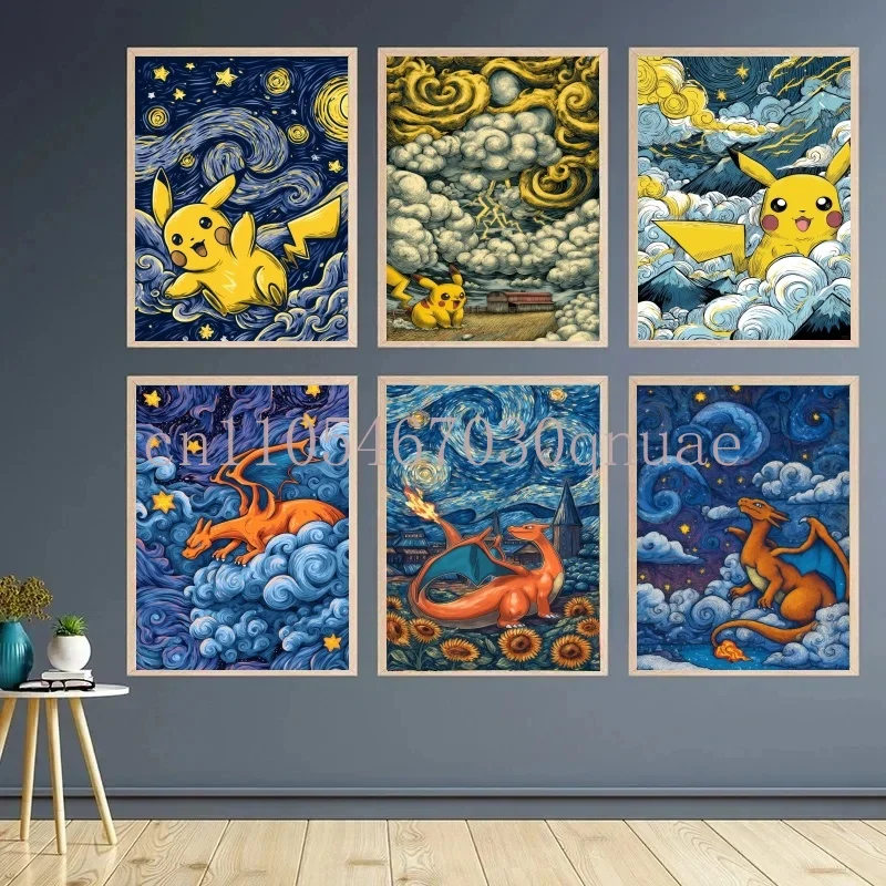 

Van Gogh Starry Sky Pokemon Anime Pikachu Charizard Watercolor Painting Canvas Posters Abstract Art Murals Picture Home Decor