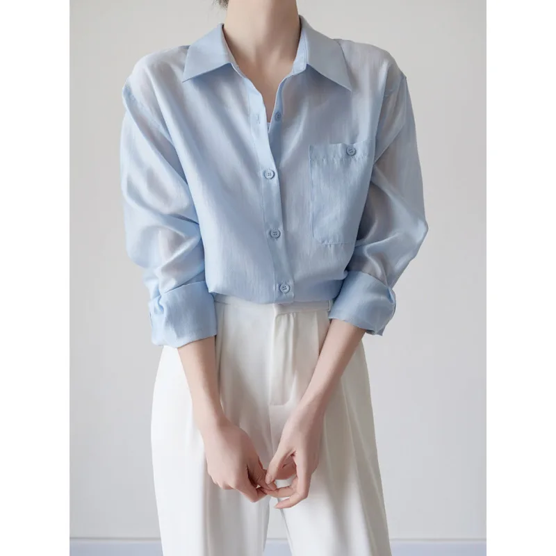 

Women Polo Collar Lyocell Shirts Summer Lightweight Loose Long Sleeve Sun Protection Shirt Tops