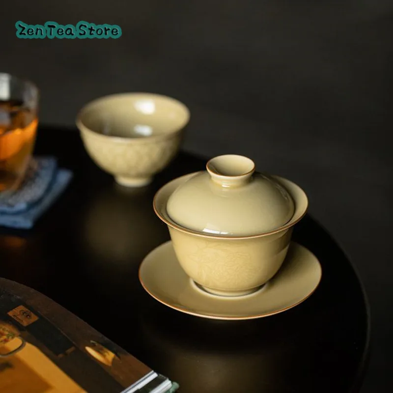 Chinese Relief Three Cover Bowl Single High-grade Ceramic Kung Fu Tea Set Dingyao Retro Tea Bowl Is Not Hot And Delicate