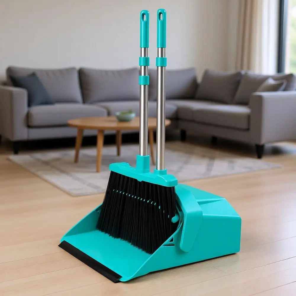 

Набор для уборки: метла и совок, 51-дюймовая длинная ручка, большие вертикальные метлы и совки, бортик ZeroGap, самоочищающийся совок