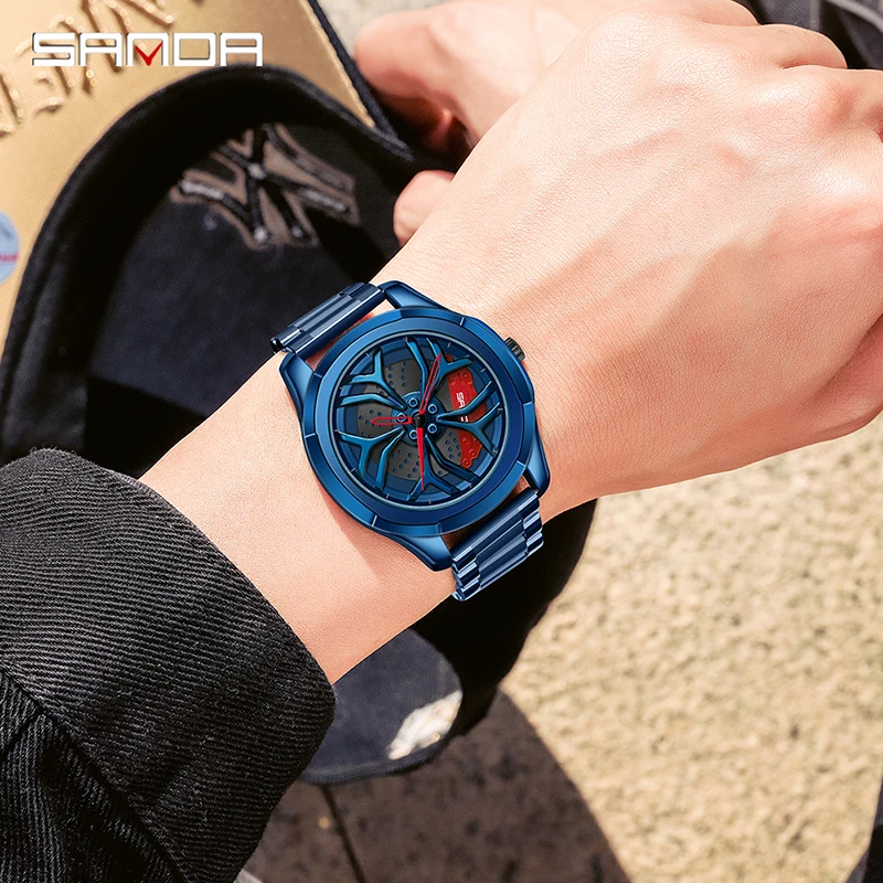 Fashion Sanda Brand Men Racing Watch 360°rotating Dial Blue Full Stainless Steel Brand New Mens Watches Waterproof Quartz Reloj