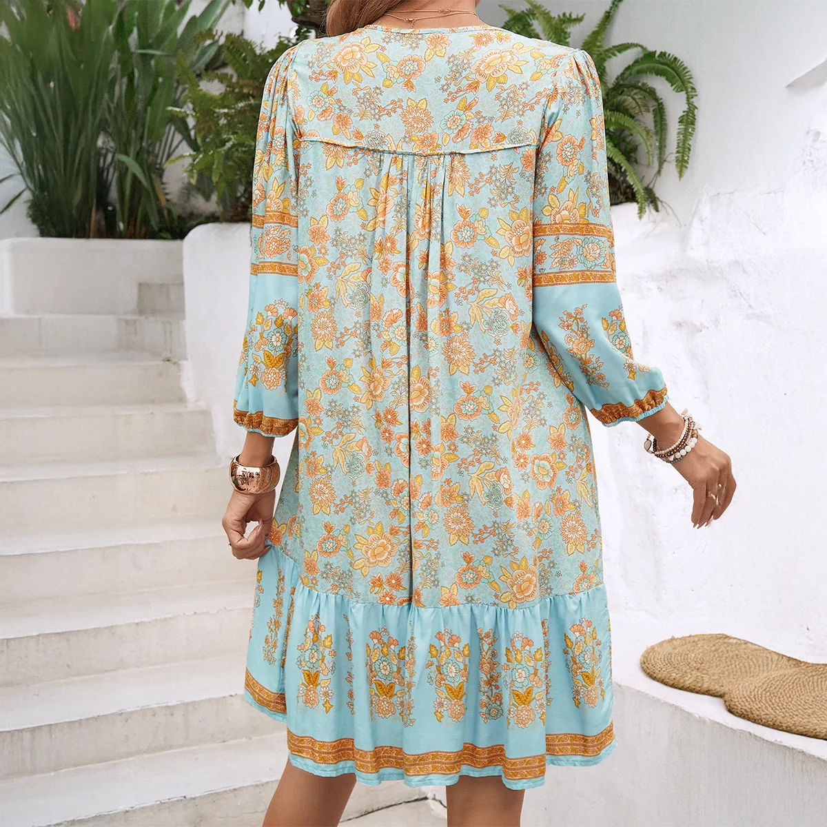 Casual Boho Women's Summer Bohemian Printed Mini Dress Sexy V Neck Loose Sundress Holiday Short Dresses Femme Vestidos Платье