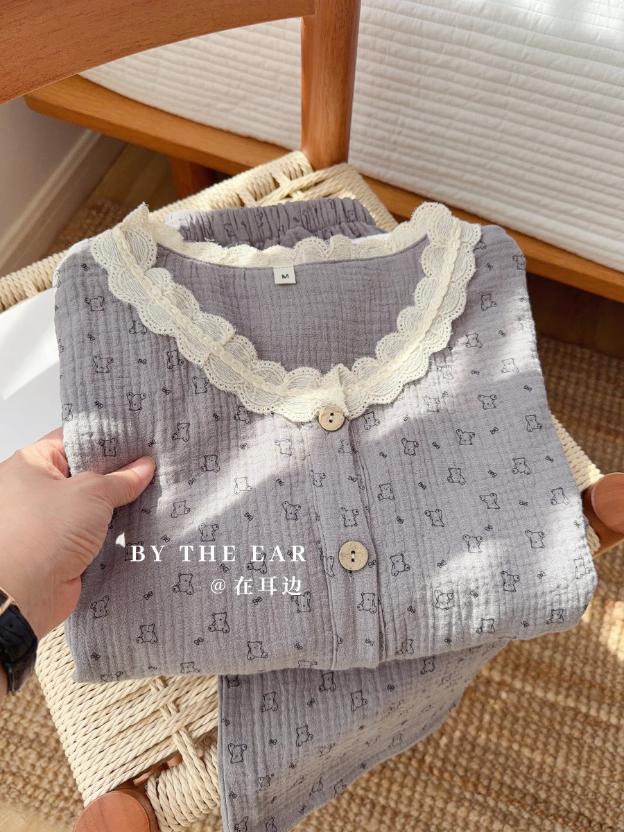 

ey Bear Cotton Pajamas Double Layered Home Clothes Long Sve Long Pants Set Pure Cotton Comfortable Spwear for Spring ...