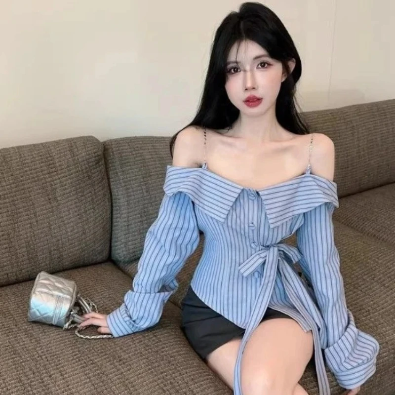 Off Shoulder Striped Shirt for Women Slim Fit with Blue Chain Straps Chic Designer Style Top for Autumn​