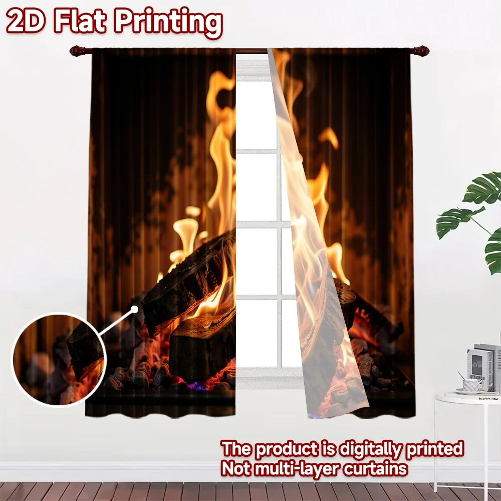 2D flat 2pcs Curtain Vintage drapes and curtains Burning Fireplace Logs Digitally printed polyester Festive Curtains for New