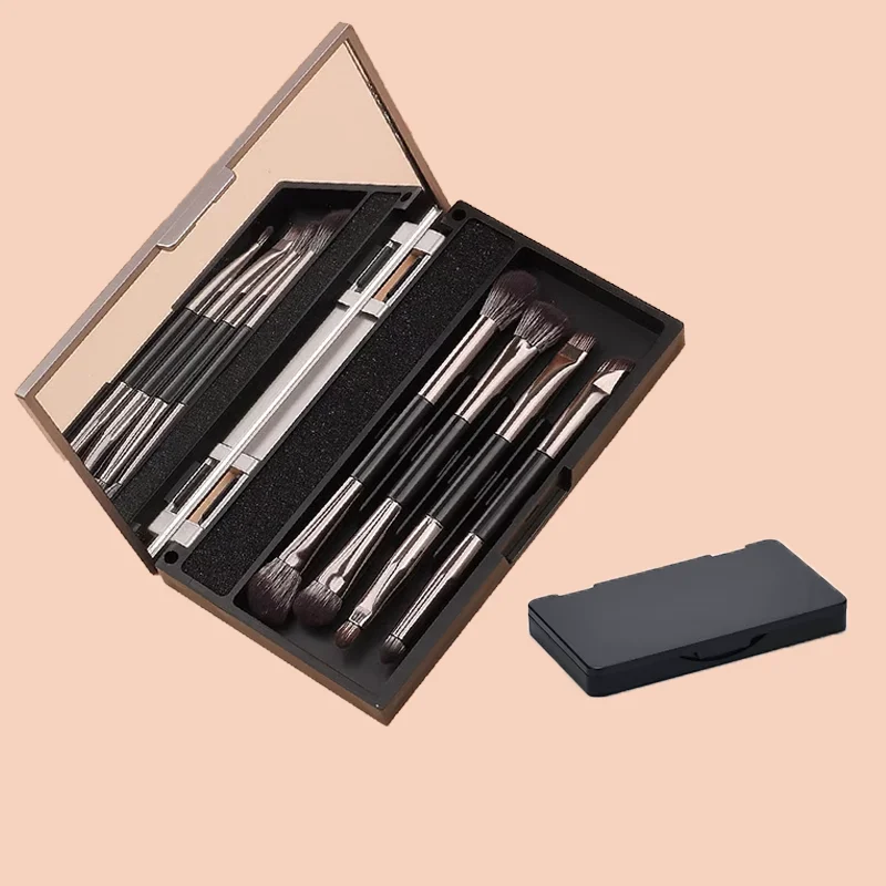 ชุดแปรงอายแชโดว์แบบปลายคู่ 4 ชิ้นพร้อมกระจก - ชุดแปรงแต่งหน้าแบบพกพา, ขนแปรงไฟเบอร์นุ่ม