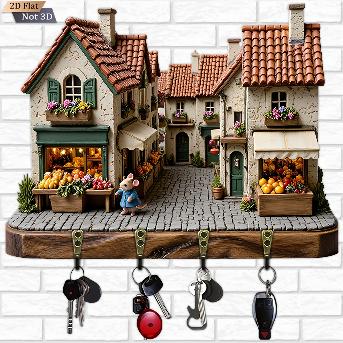 2D Flat, 1pc, pastoral town - themed style wooden wall clock, multifunctional home key rack, with four metal hooks, wall decor,