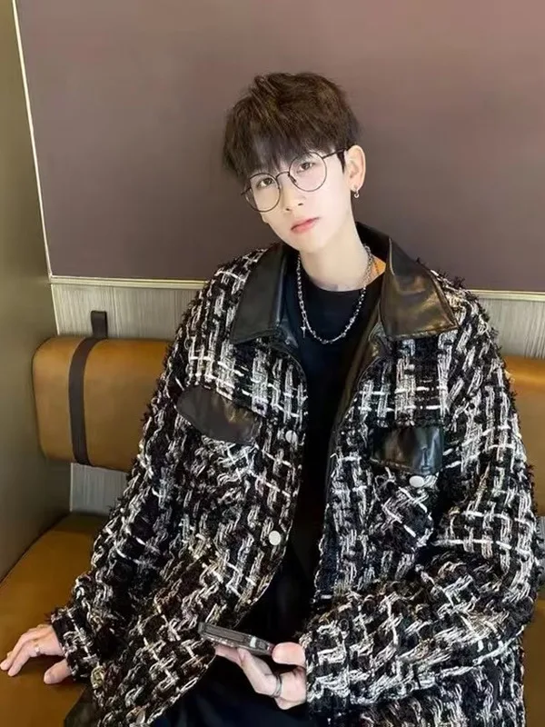 

Повседневная свободная мужская куртка из искусственной кожи с лоскутным узором, весенняя модная клетчатая верхняя одежда в стиле High Street для молодежи, популярная весенне-осенняя верхняя одежда