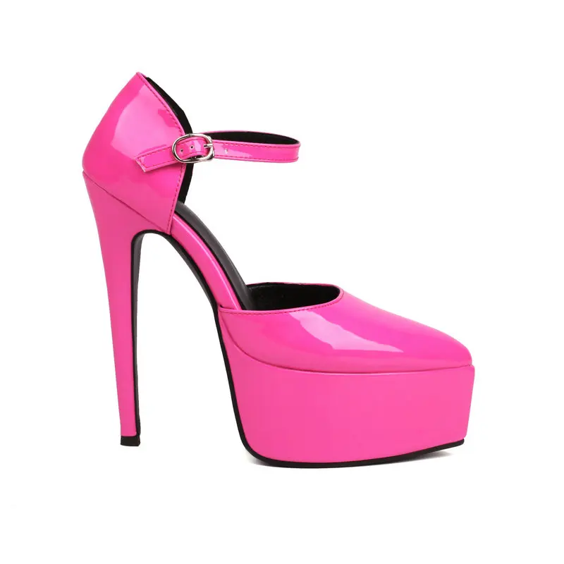 

Big Size 47 48 Pointed Toe Bright Pink Color Sexy Woman Mary Janes Pumps Buckle Strap Platform Thin High Heels Sandals Stiletto
