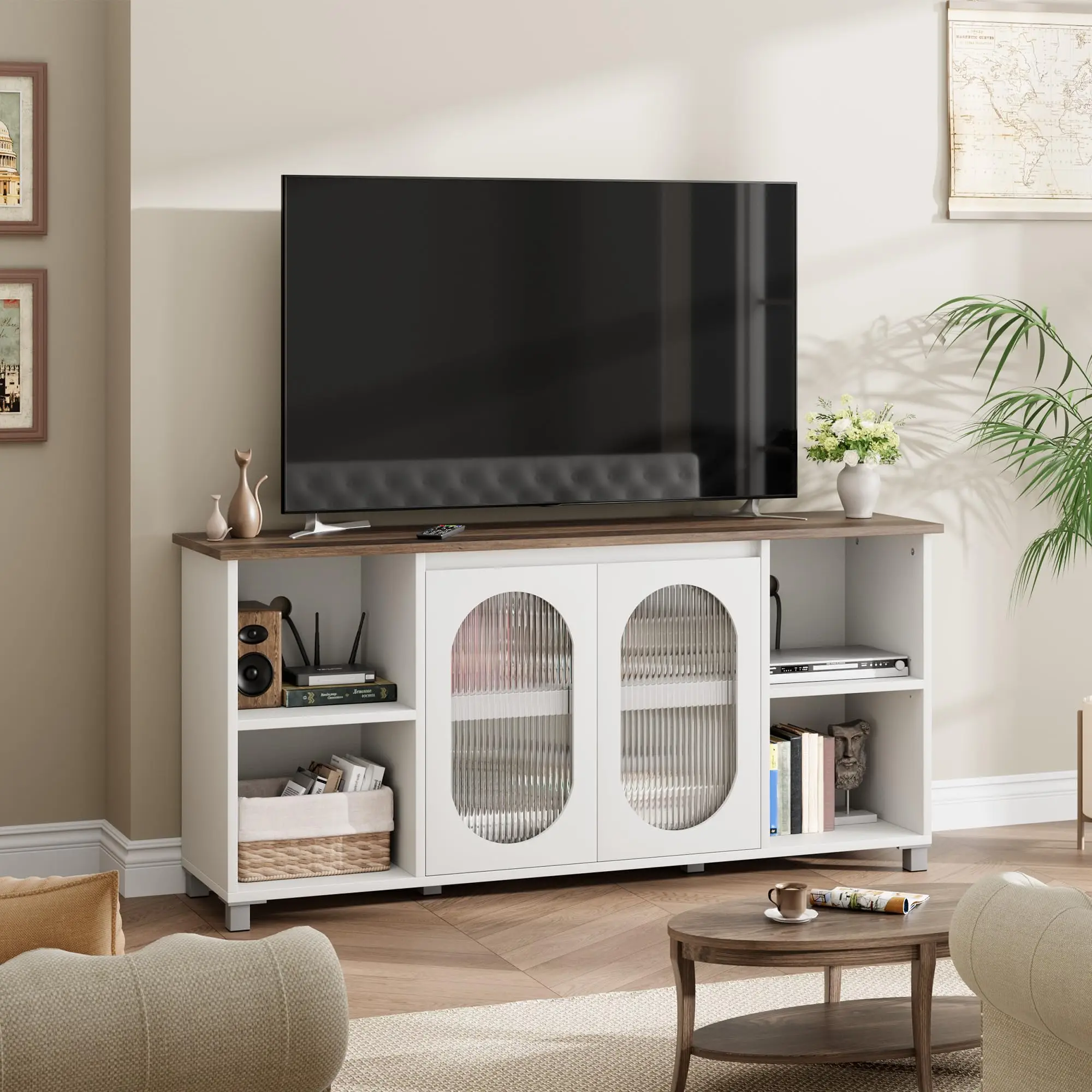 TV Stand for 70–75 Inch TVs, Modern Wooden Media Console Cabinet with Fluted or Frosted Glass Doors, Adjustable Open Shelves and Large Storage, Sturdy MDF Entertainment Center for Living Room