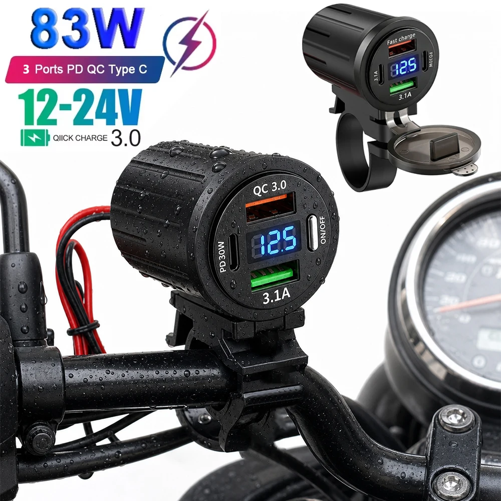 3.1A PD QC3.0 Motorcycle Phone Charger Handlebar Dual USB Socket 83W Waterproof 12V Power Supply Adapter with Switch Voltmeter