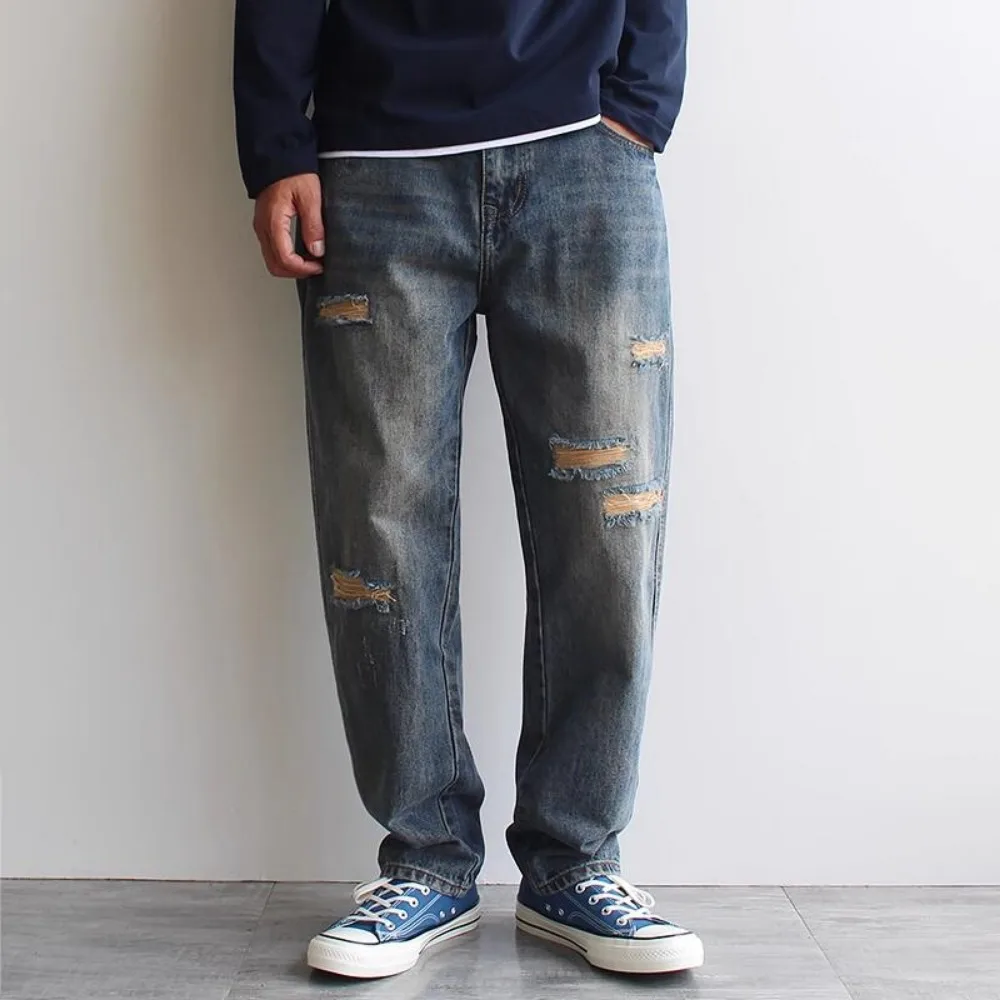 

Рваные джинсы с нашивками 12,5 унций, мужские прямые свободные брюки большого размера, повседневные джинсовые брюки