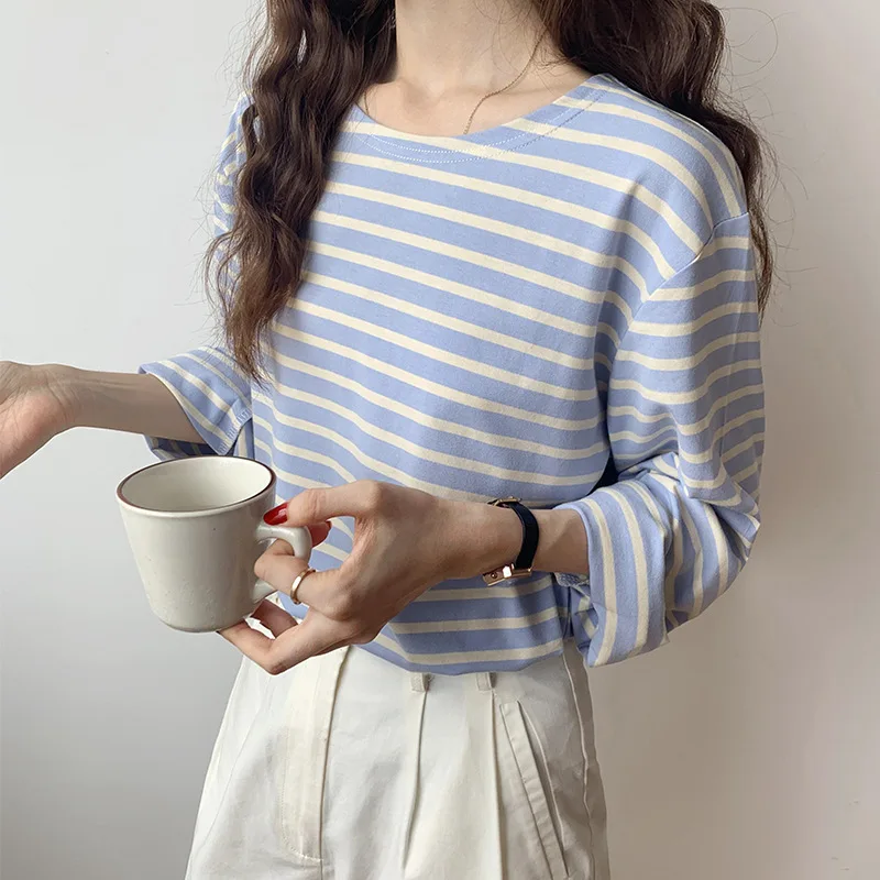 

Korean fashion striped T-shirt 2022 autumn new long-sleeved women's top loose casual cotton T-shirt women