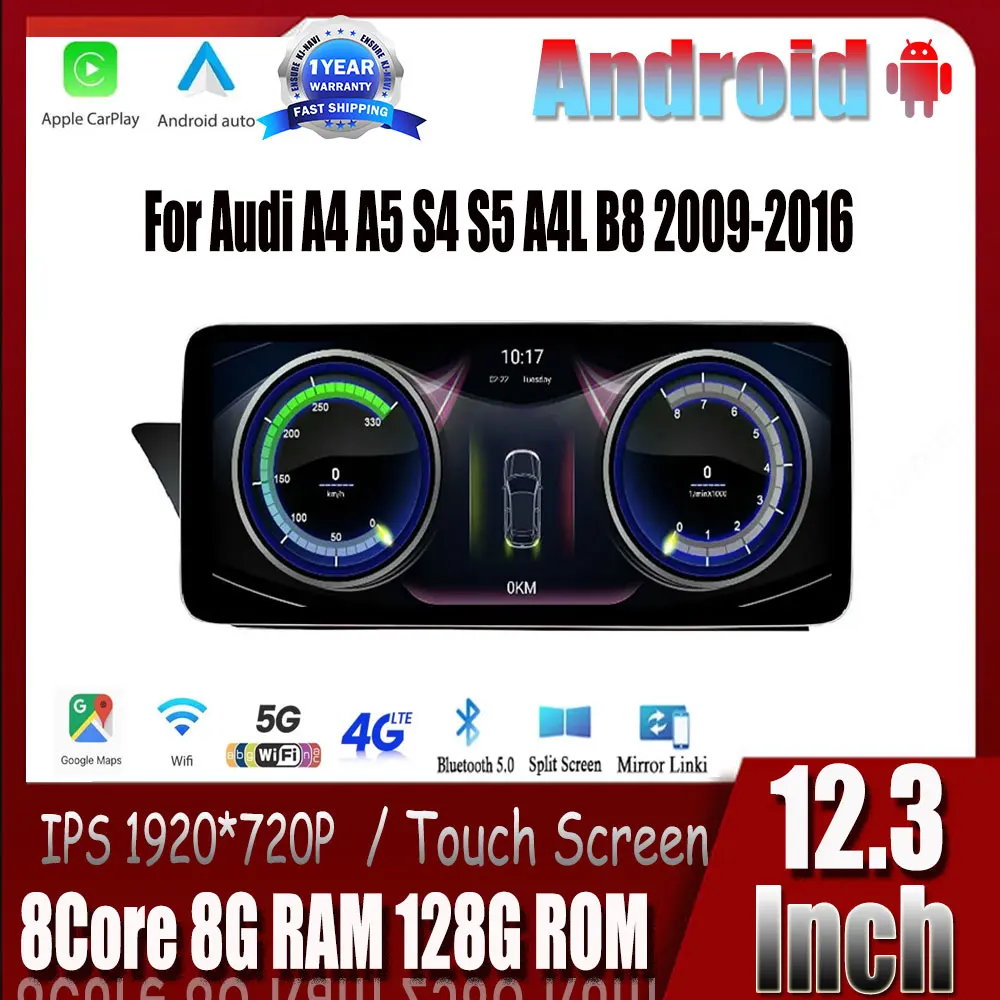 

Android 14 Auto Monitors GPS Navigation Car Multimedia Player 12.3 " For Audi A4 A5 S4 S5 A4L B8 2009-2016 Carplay Stereo Radio