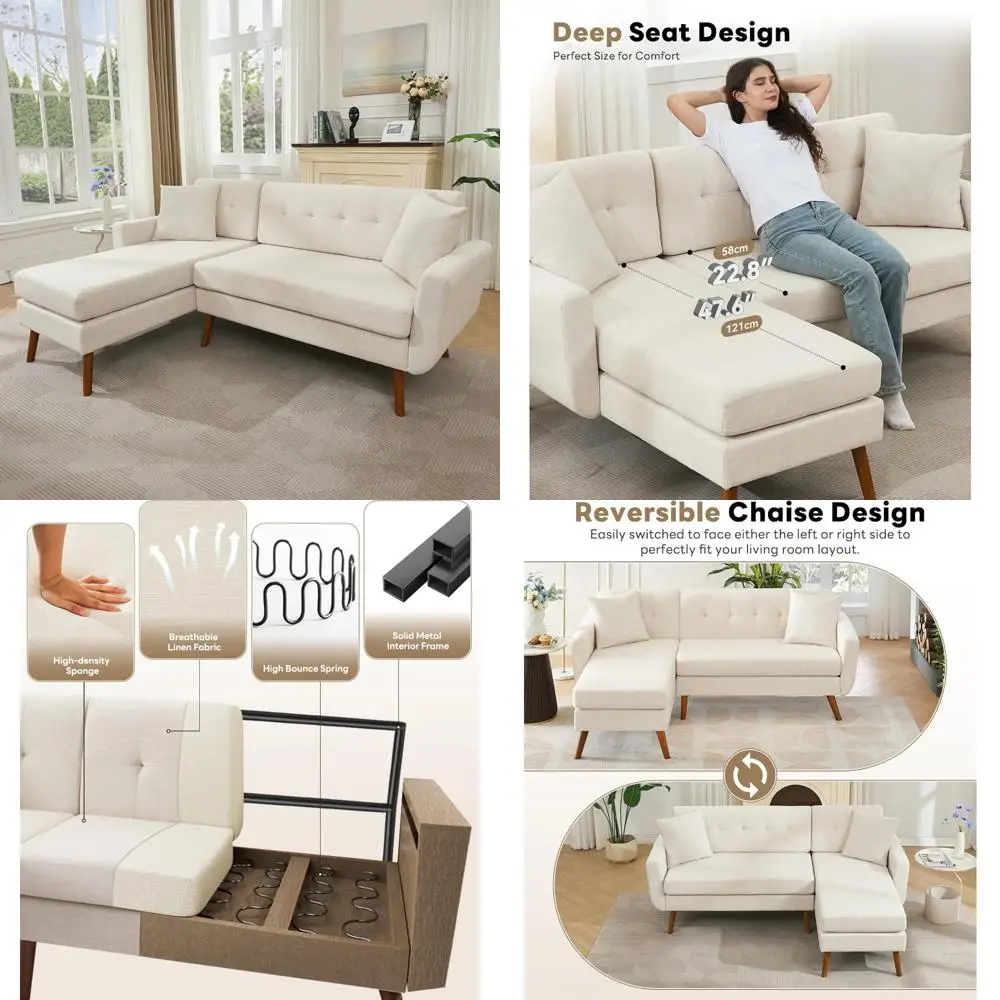 

mid-century modern 80" wide l-shaped 3-seater sofa with chaise lounge and pillows