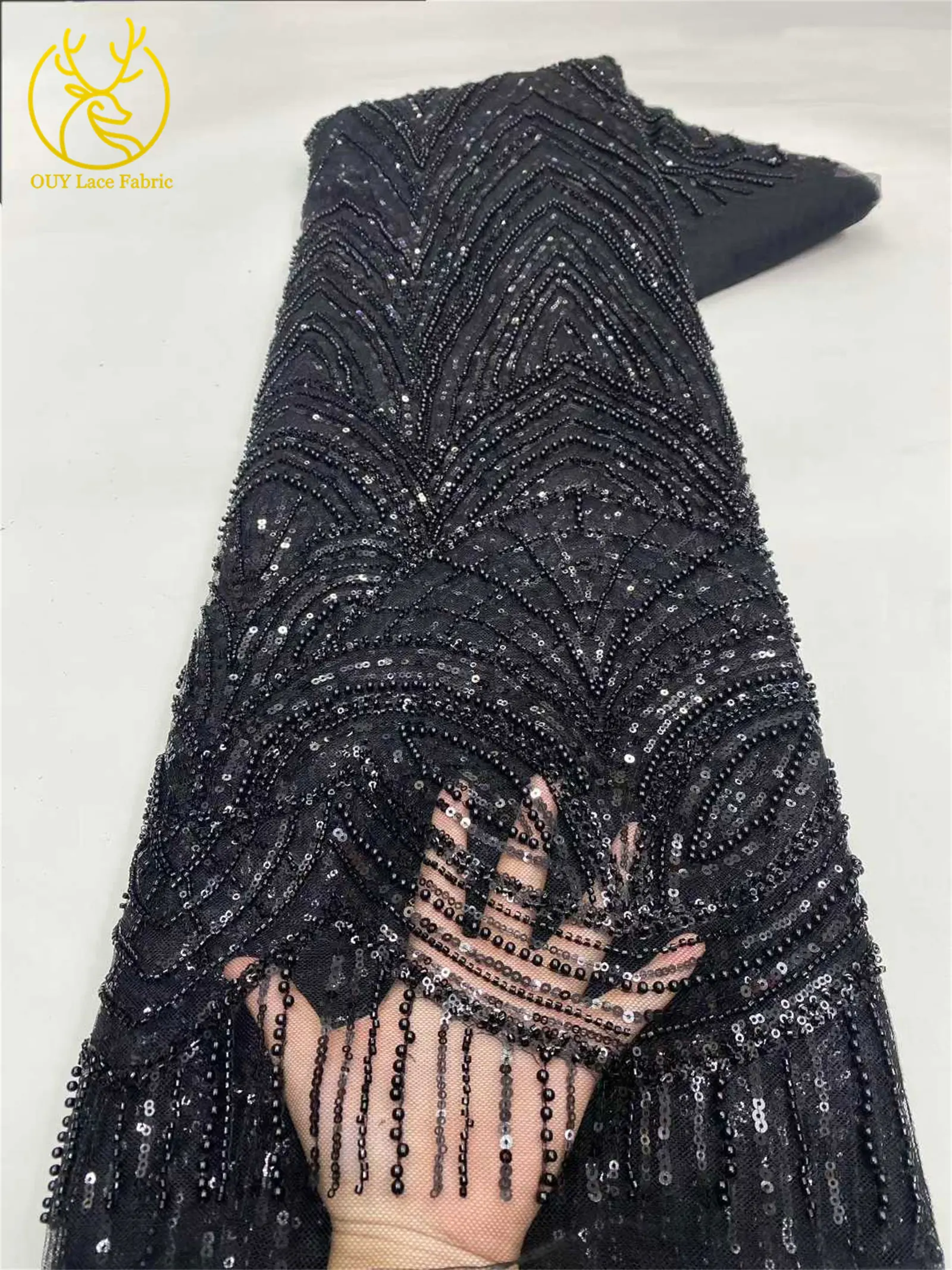 Schwarzer afrikanischer Perlen-Spitzenstoff 2026 Hochwertiger französischer Pailletten-Tüll-Spitzenstoff Nigerianischer Tüll für Hochzeit, Party, Kleid, Nähen, 5 Jahre – Detail 7