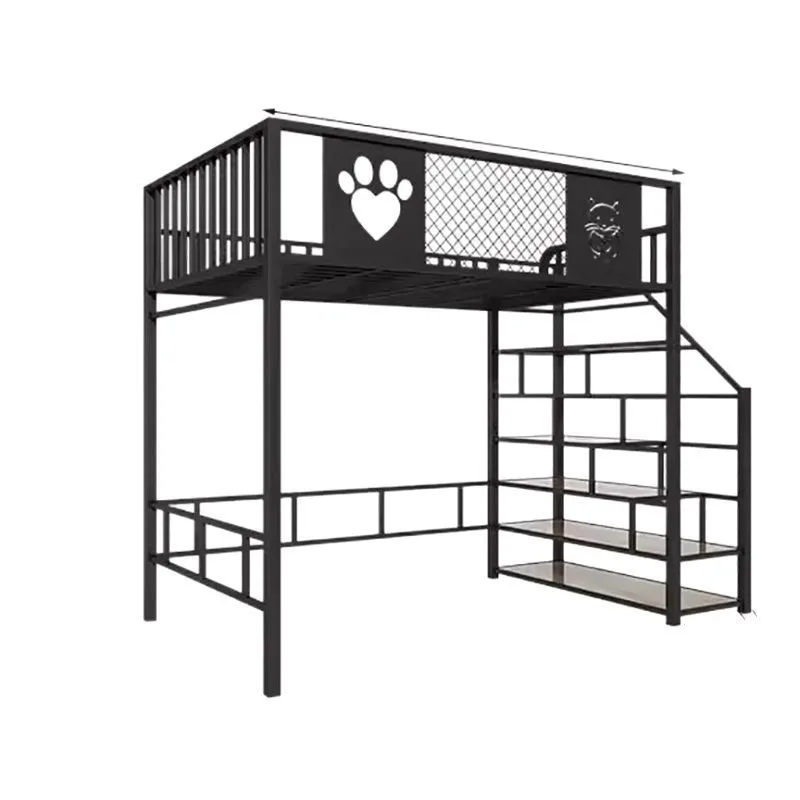 Attic duplex iron frame, double forged iron ladder cabinet, elevated modern apartment, bed table, space saving