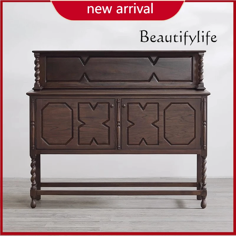 

c French retro solid wood dining side cabinet, Japanese medieval replica brown designer wood storage display cabinet