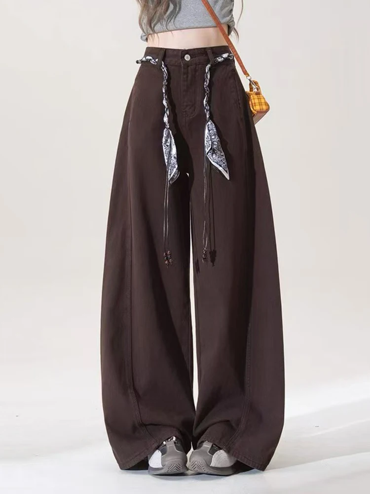 

Vintage Brown Wide Leg Jeans Women Y2K Winter Thick Loose Streetwear Casual Denim Pants Bf American All Match Straight Trousers