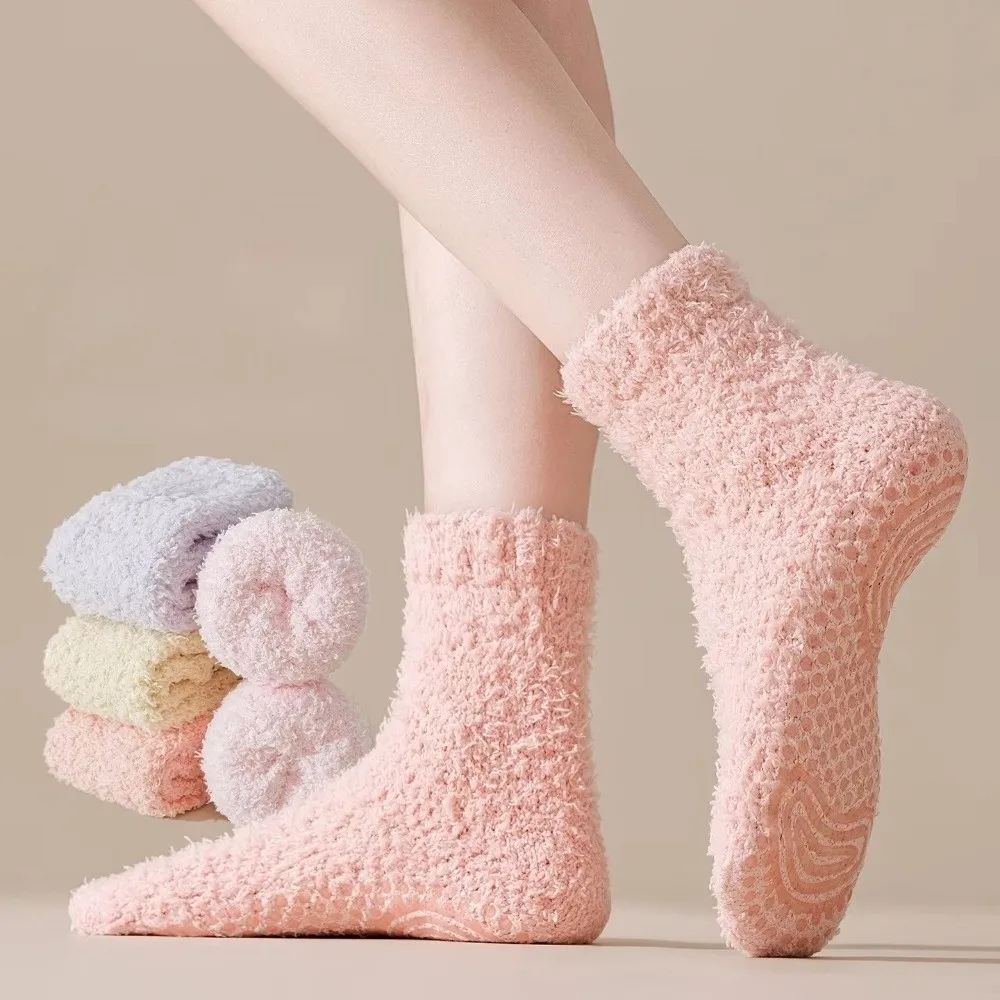 

Cozy Solid Color Coral Fleece Socks Non-Slip Silicone Grip Floor Socks Thickened Warm Tube Socks Autumn Winter Home Wear