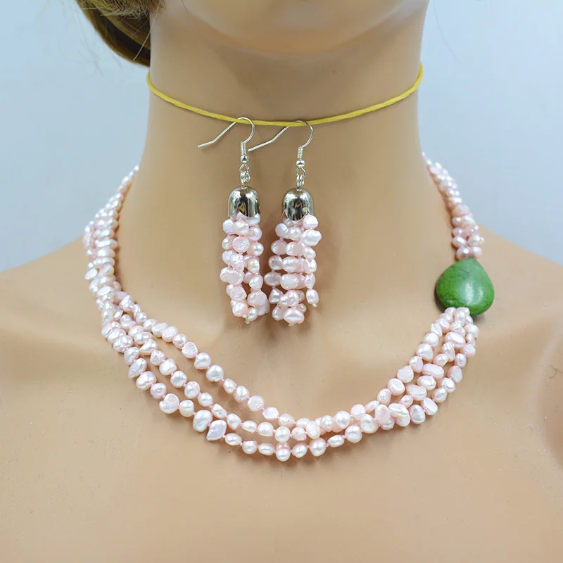 

3 strands 4mm pink natural Baroque cultured pearls. Classic Women's Wedding Jewelry Necklace Earring Set 19”