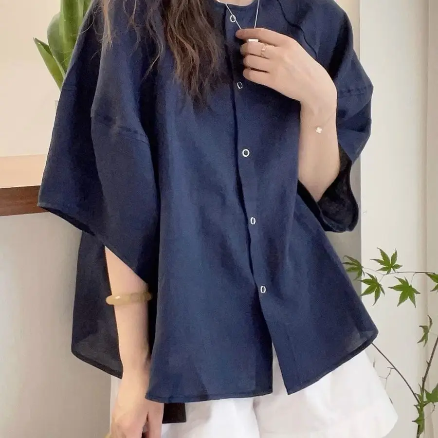 

Рубашки с коротким рукавом, женские элегантные атласные блузки с воротником на пуговицах, однотонные синие повседневные классические французские топы, летняя уличная одежда
