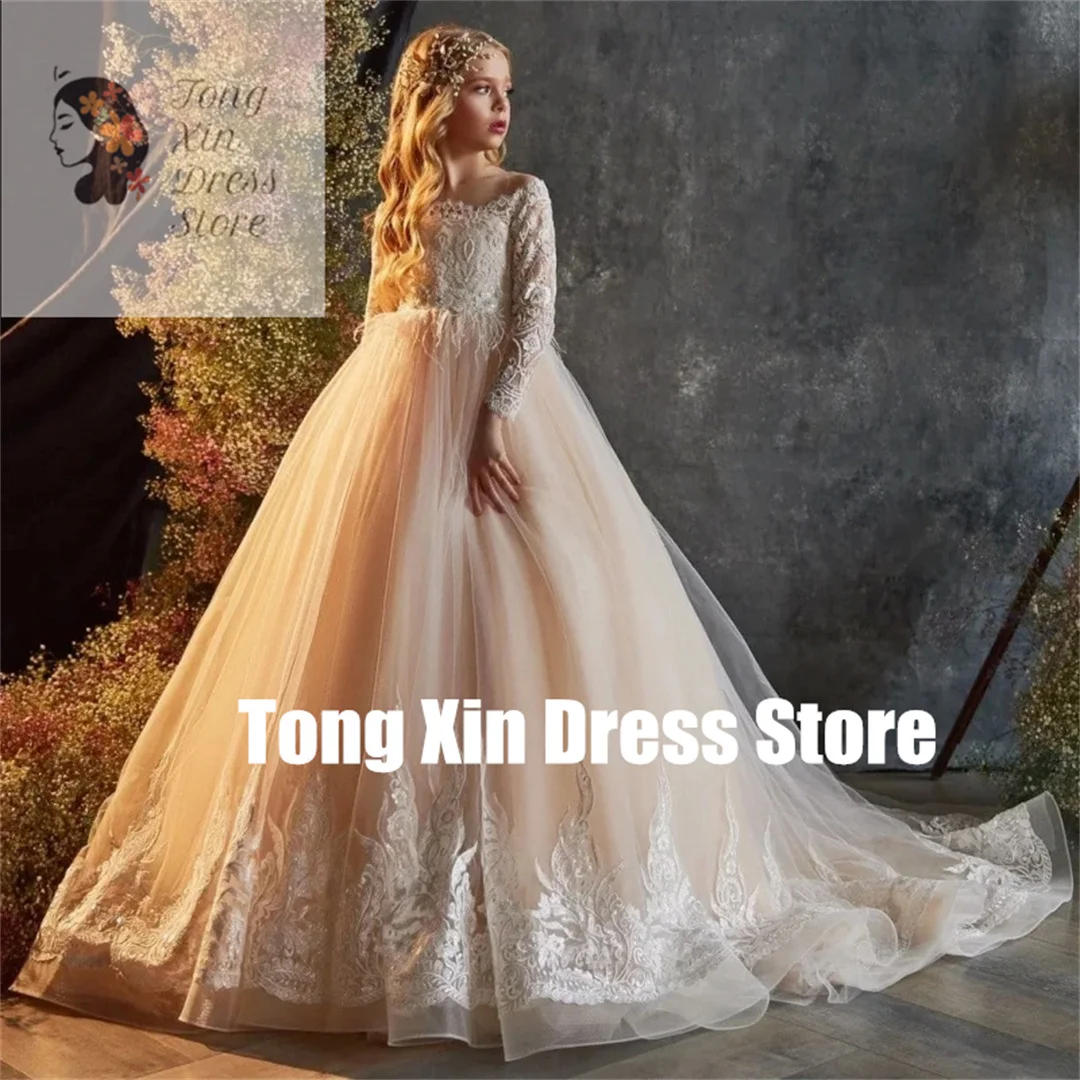 

Customized Long Sleeve White Pattern Appliques Flower Girl Dresses Champagne For Wedding Birthday Party Banquet Princess Gowns