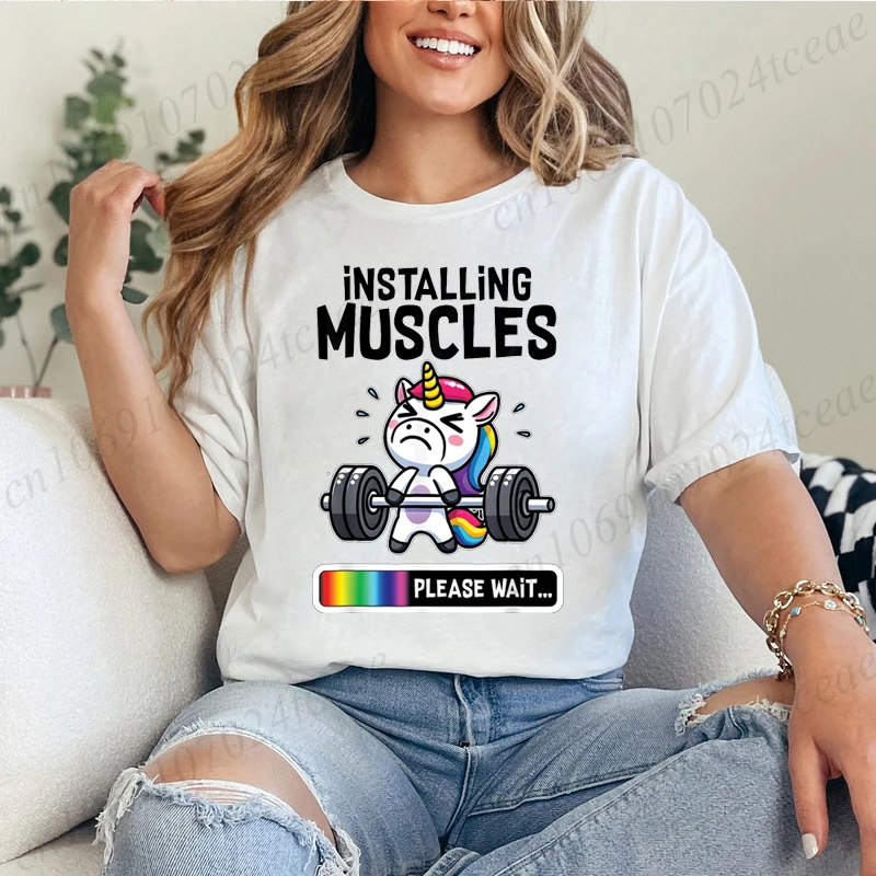 Installing Muscles Women's T-Shirt Clothing Funny Gym Unicorn Graphic T Shirt Fitness Workout Fashion Casual Short Sleeve Tops