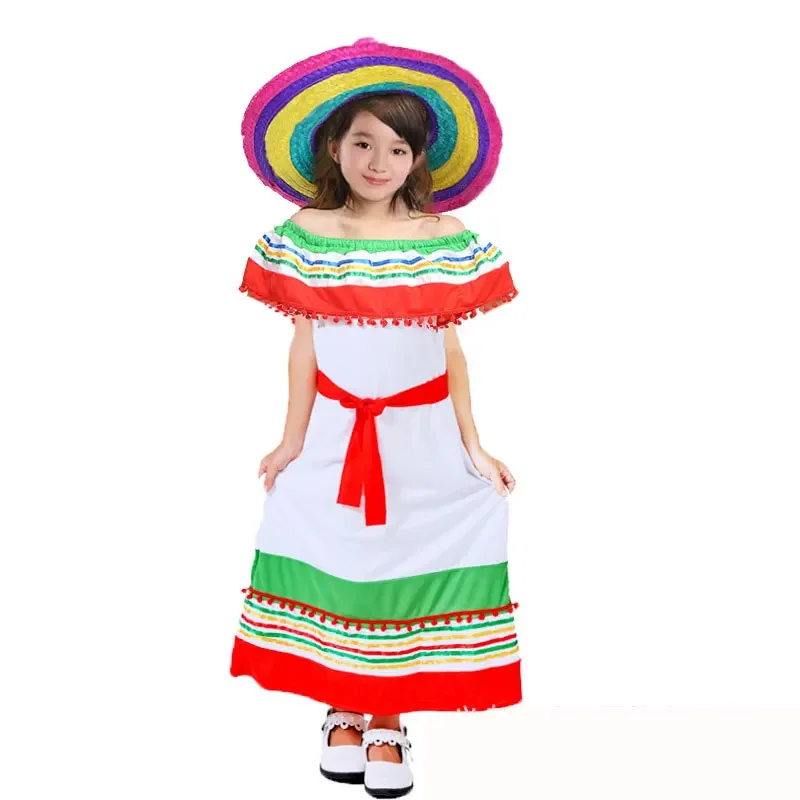 Costume d'Halloween à Rayures pour Bol, Robe du Mexique, Cape, Chapeau de Paille, Poncho Espagnol et Mexicain, Vêtements Cosplay