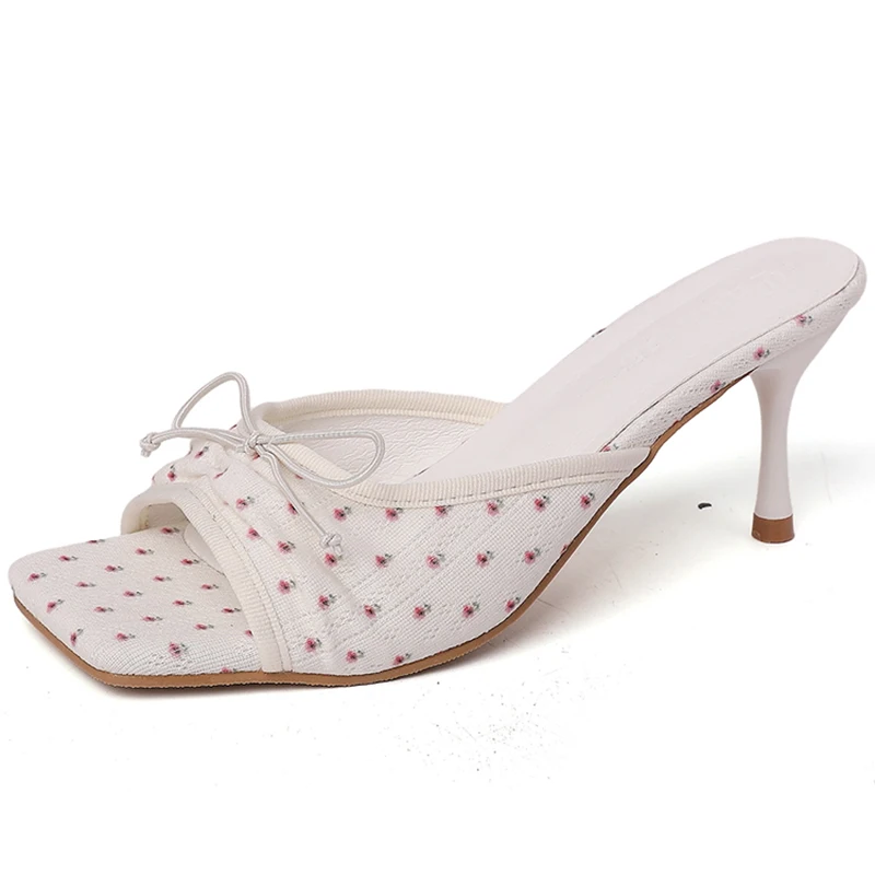 Women's Floral Square Toe High Heel Slide Sandals