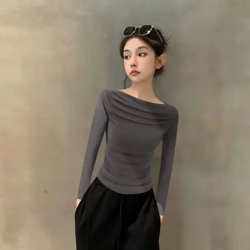 

2025 New Autumn and Winter Dark Gray One-length Neck Long-sleeved Base Shirt for Women Off-shoulder Inner Irregular Hem Top
