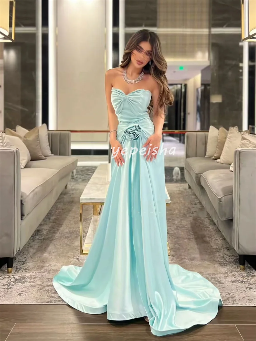 ชุดเดรสยาวทรงเอไลน์แบบไร้สาย แต่งระบายจีบดอกไม้แฮนด์เมด ดีไซน์เฉพาะตัว สำหรับโอกาสพิเศษ คุณภาพสูง