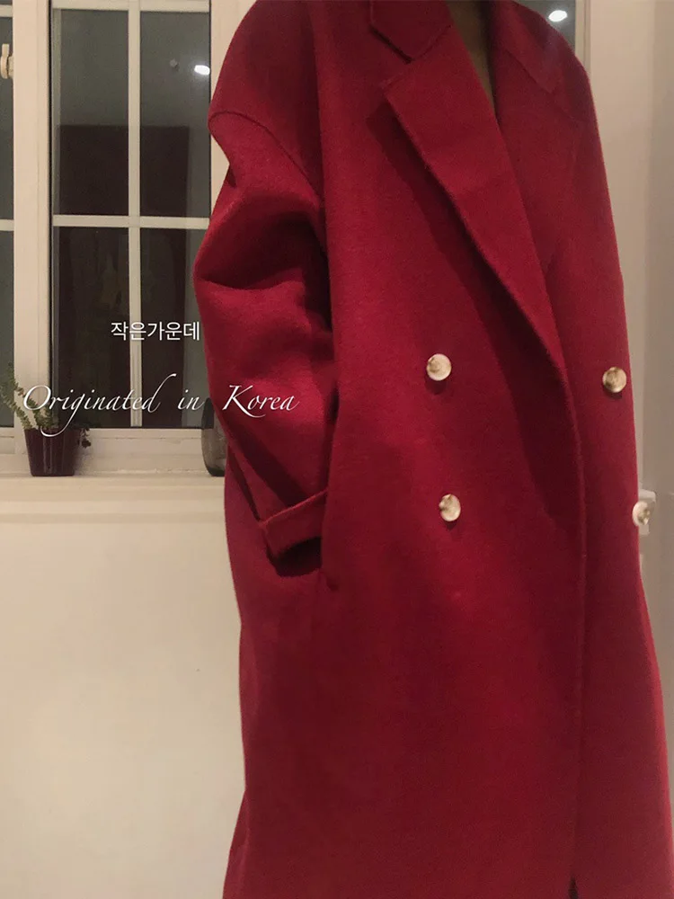 New High-end Red Loose Double-breasted Wool Coat Women Mid-length Fashion Warm Double-sided Wool Coat Lapel Long Jacket Winter