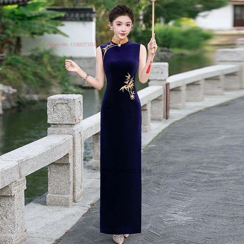 

2025 chinese vintage dress improved cheongsam national bamboo embroidery sleeveless qipao evening dress banquet party dress