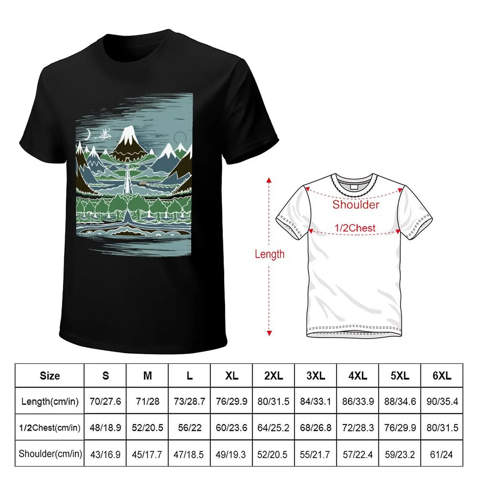 A Halflings journey on a mountain path through an elven wood in the style of J.R.R.Tolkien T-Shirt Stain Resistant Casual Tee