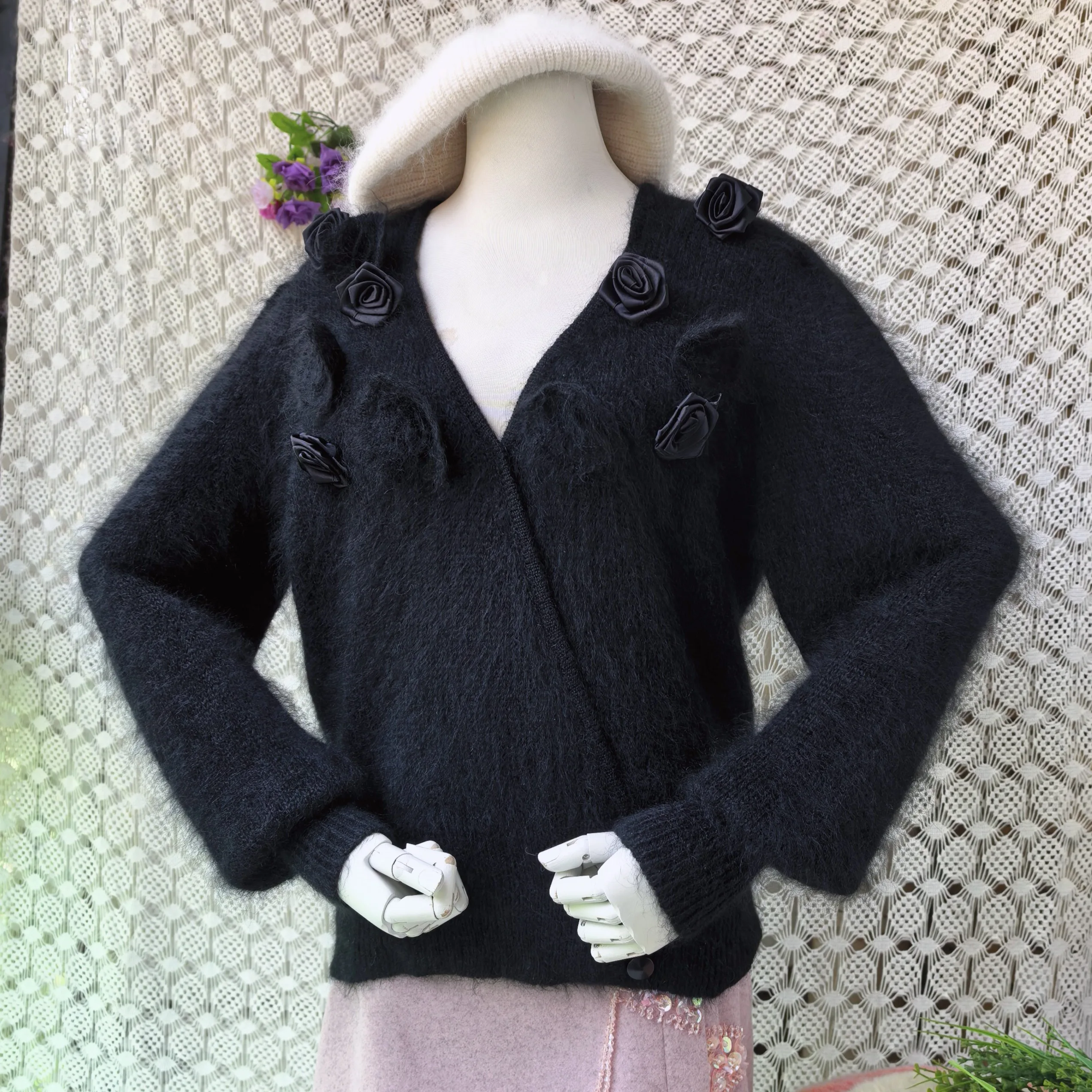 Women Mujer Soft Hairy Vintage Black Mohair Wool Crochet Flower V-Neck Long Sleeves Loose Cardigans Spring Autumn Sweater Jacket
