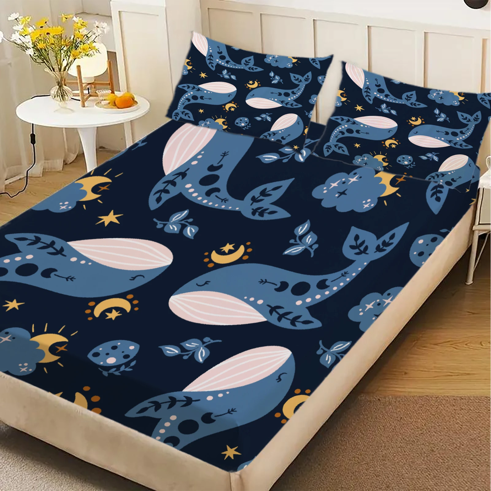 3pcs Fitted Sheet Set Dormitory Decor For Student Children Cosmic Whales Stars Planets Galaxies Print Bed Sheet With Pillowcases