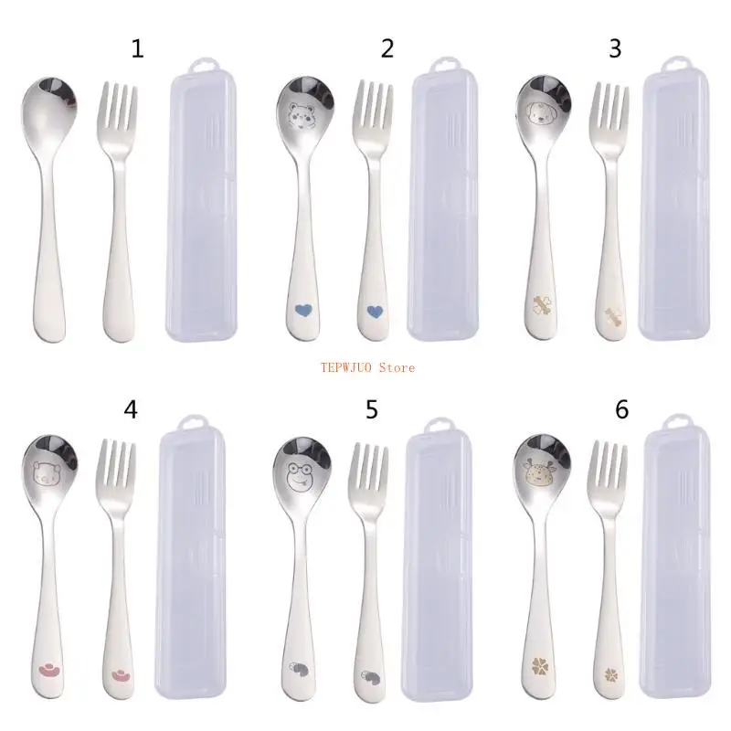 U50F طقم ملعقة وشوكة للأطفال مع صندوق تخزين ملعقة أكل مقاومة للصدأ أدوات مطبخ للأطفال الصغار أداة أدوات مائدة من الفولاذ المقاوم #3