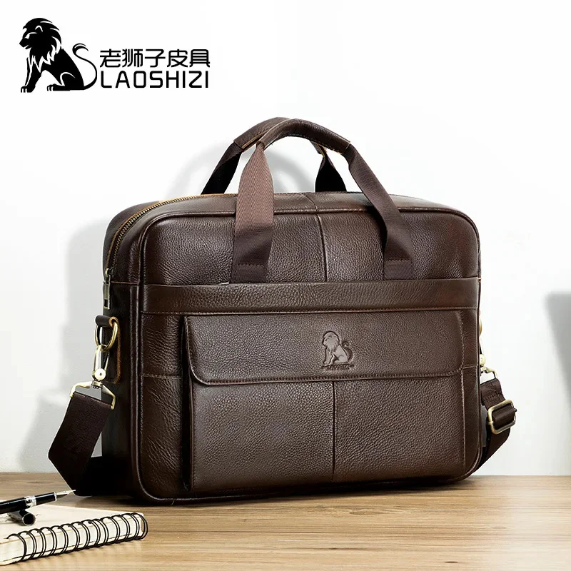 Bolso de hombro de cuero genuino para hombre, maletín de negocios de gran capacidad, 14 pulgadas, a la moda