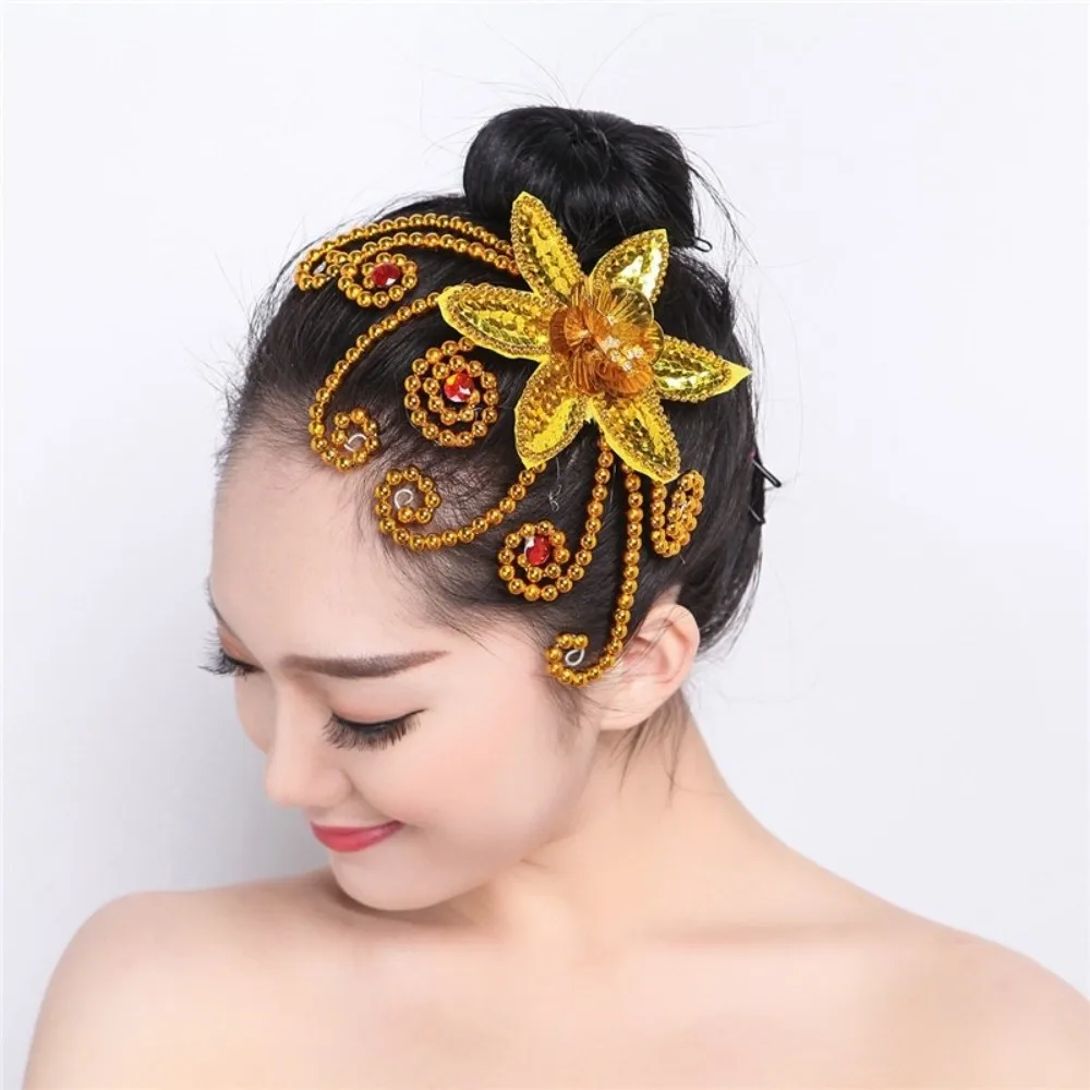 Crystal Flowers Dance Headdress Chinese Style Classical Design Performance Headpiece Dance Head Flower Bridal Hair Jewelry