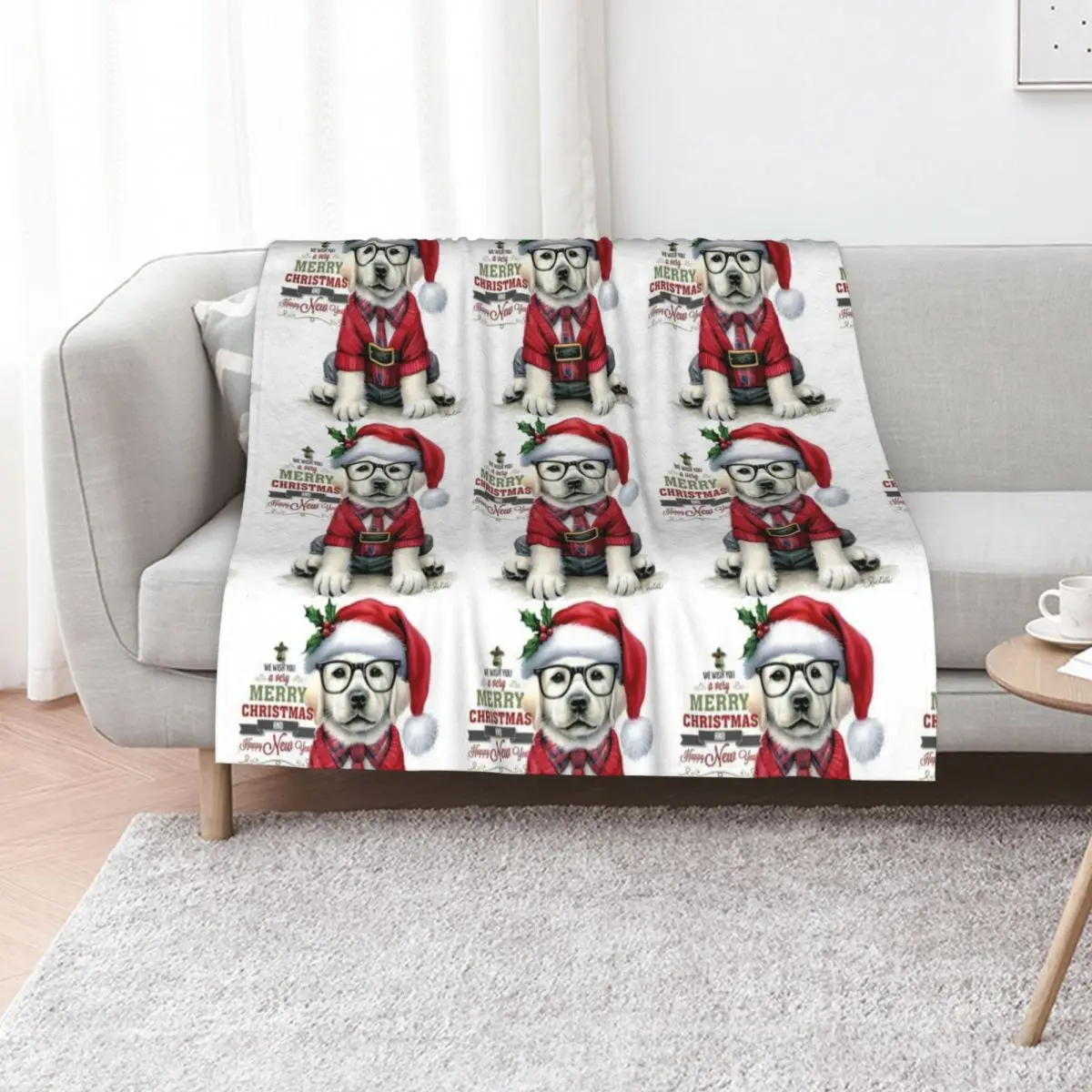 Cute Labrador Puppy Dog dressed in Santa Hat and Sweater Christmas Painting Throw Blanket Summer Hair Flannel halloween Blankets