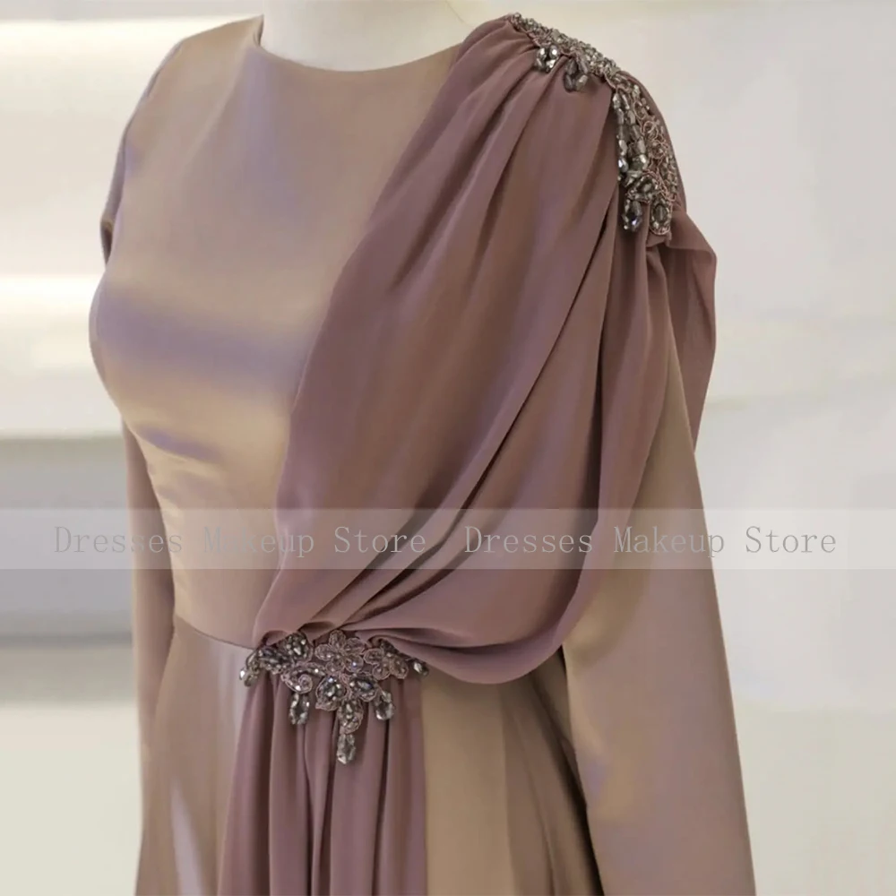 Modest Evening Dress Long Sleeves High Collar A Line Saudi Arabian Evening Gowns for Women 2025 Satin Beading Formal Party Dress